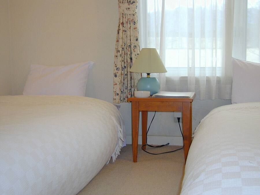 A bedroom with two beds, a nightstand with a lamp, and a window with sheer curtains.