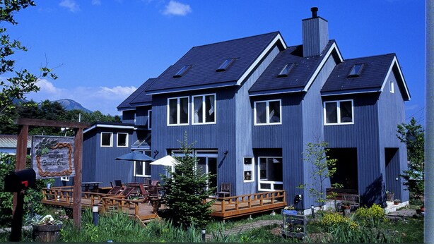 A large, two-story house with a dark blue exterior, multiple windows, and a chimney.