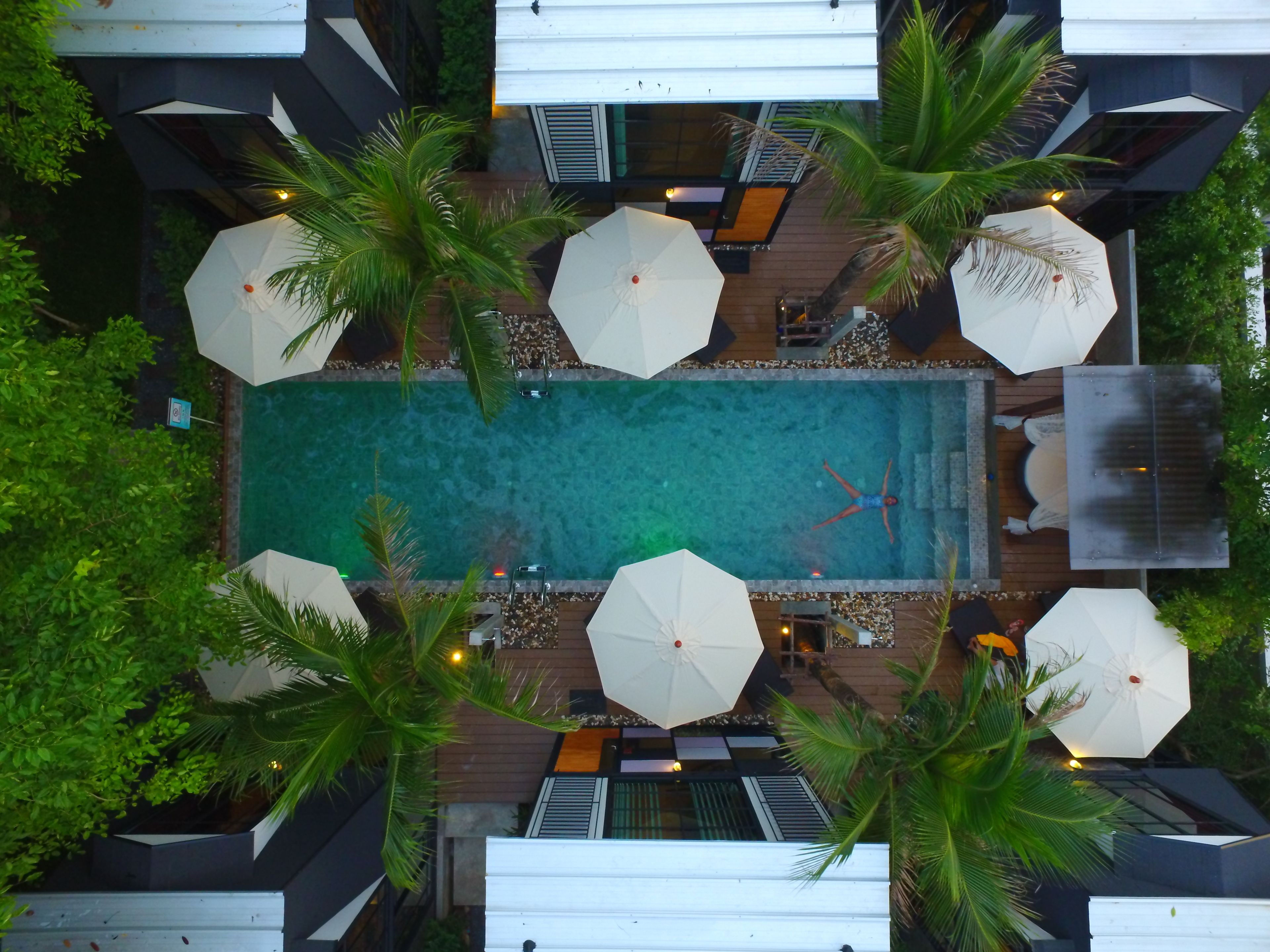 An aerial view of a rooftop pool area with multiple umbrellas and palm trees.
