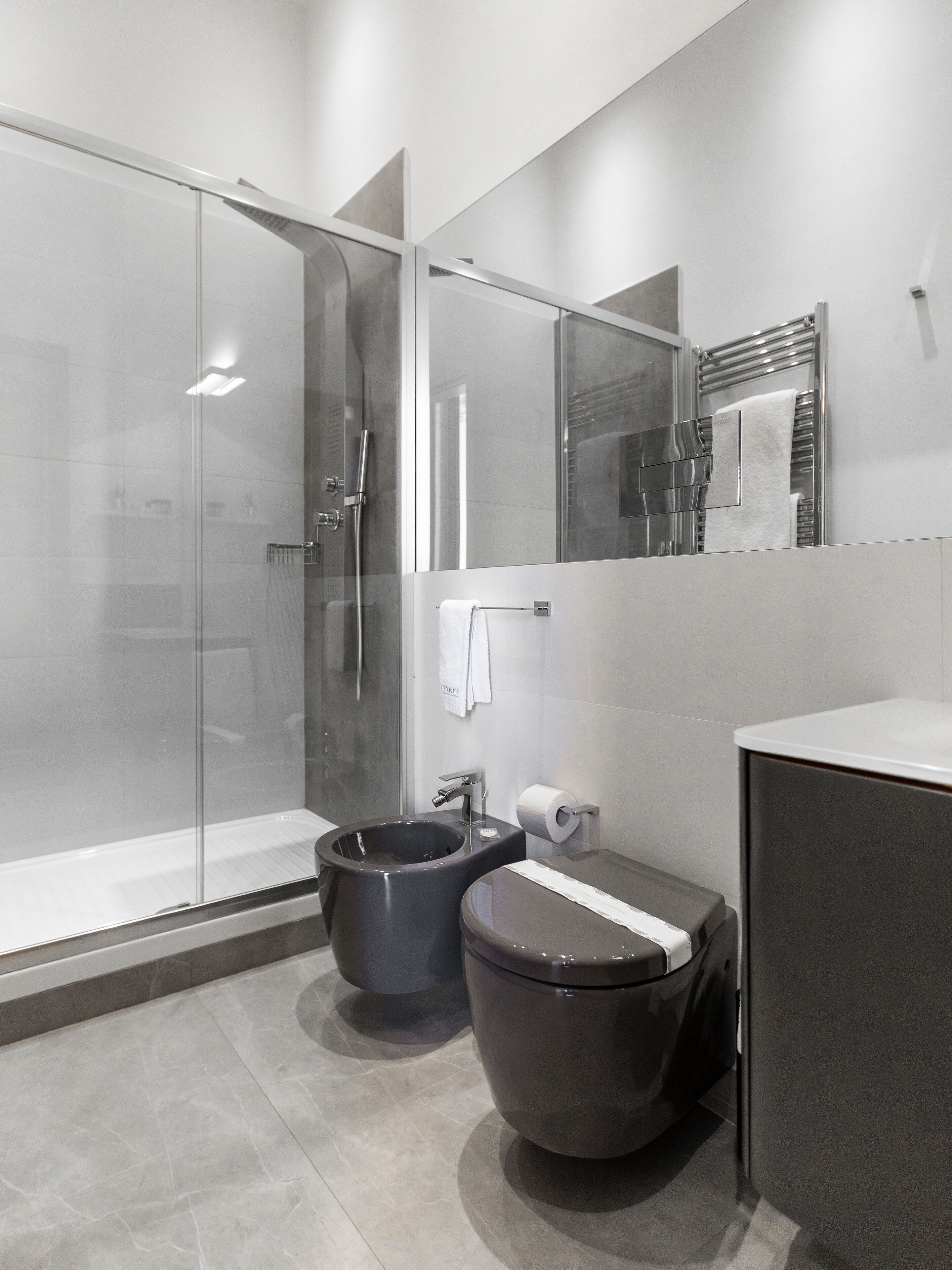 Ein modernes Badezimmer mit einer Duschkabine, einem Bidet und einer Toilette.