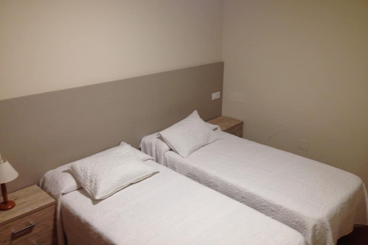 A twin room with two single beds, each with a pillow and a wooden nightstand.