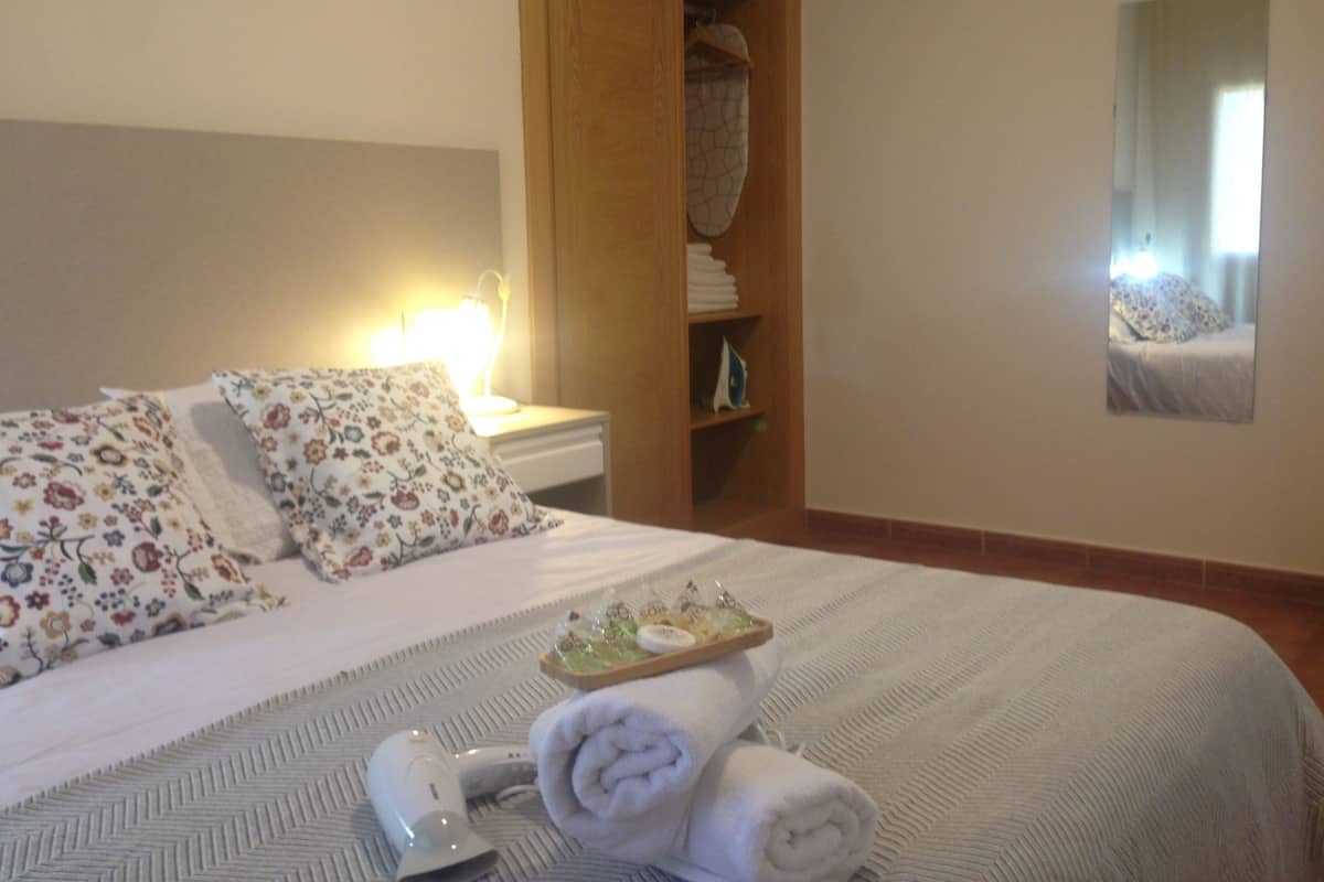 A neatly made bed with floral pillows, a bedside lamp, a wooden wardrobe, and a mirror on the wall.