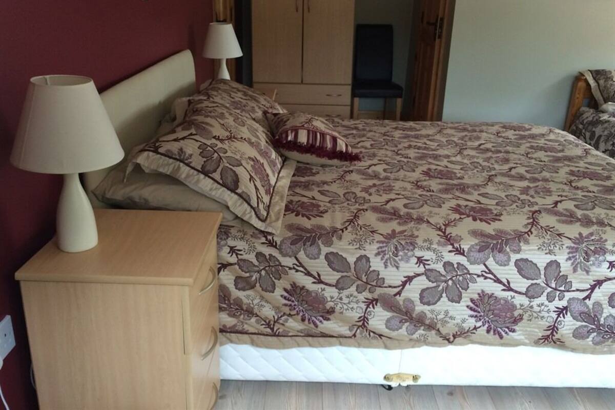 Een slaapkamer met een bed, twee bedlampen, een houten nachtkastje en een kledingkast.