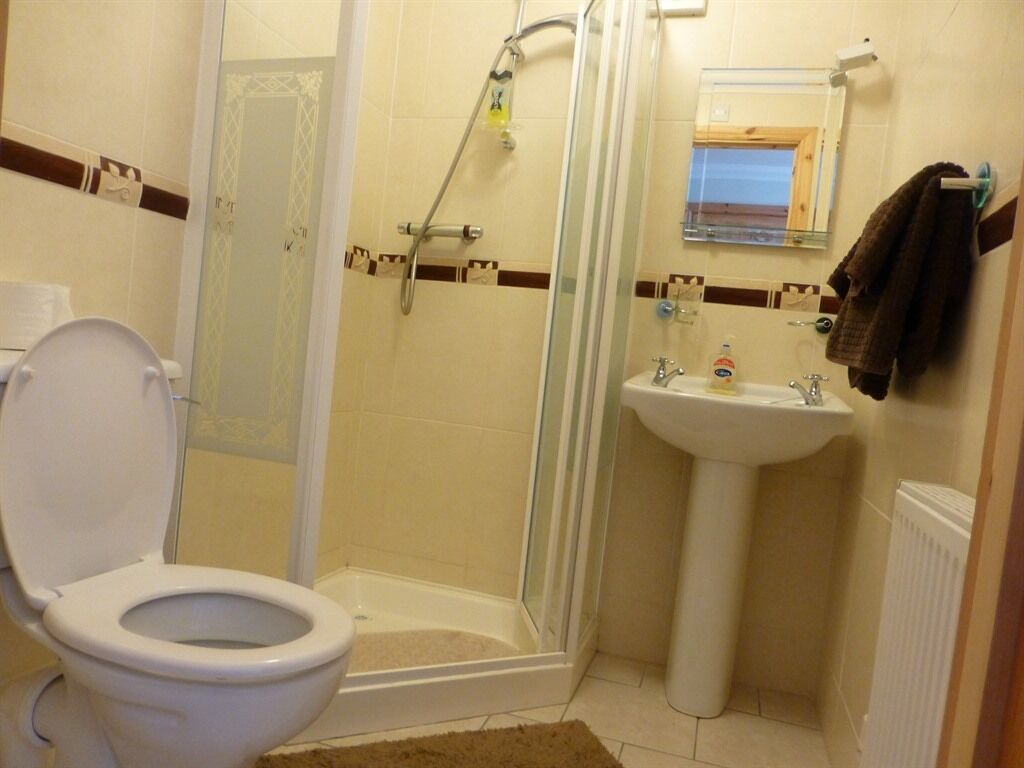 A bathroom with a toilet, shower, and sink.