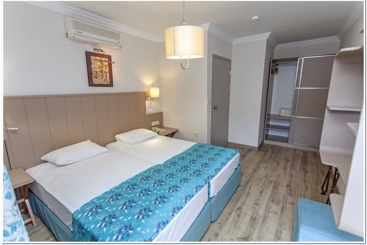 A hotel room with a large bed, a bedside table, a wall-mounted lamp, an air conditioning unit, a framed picture, and a walk-in closet.