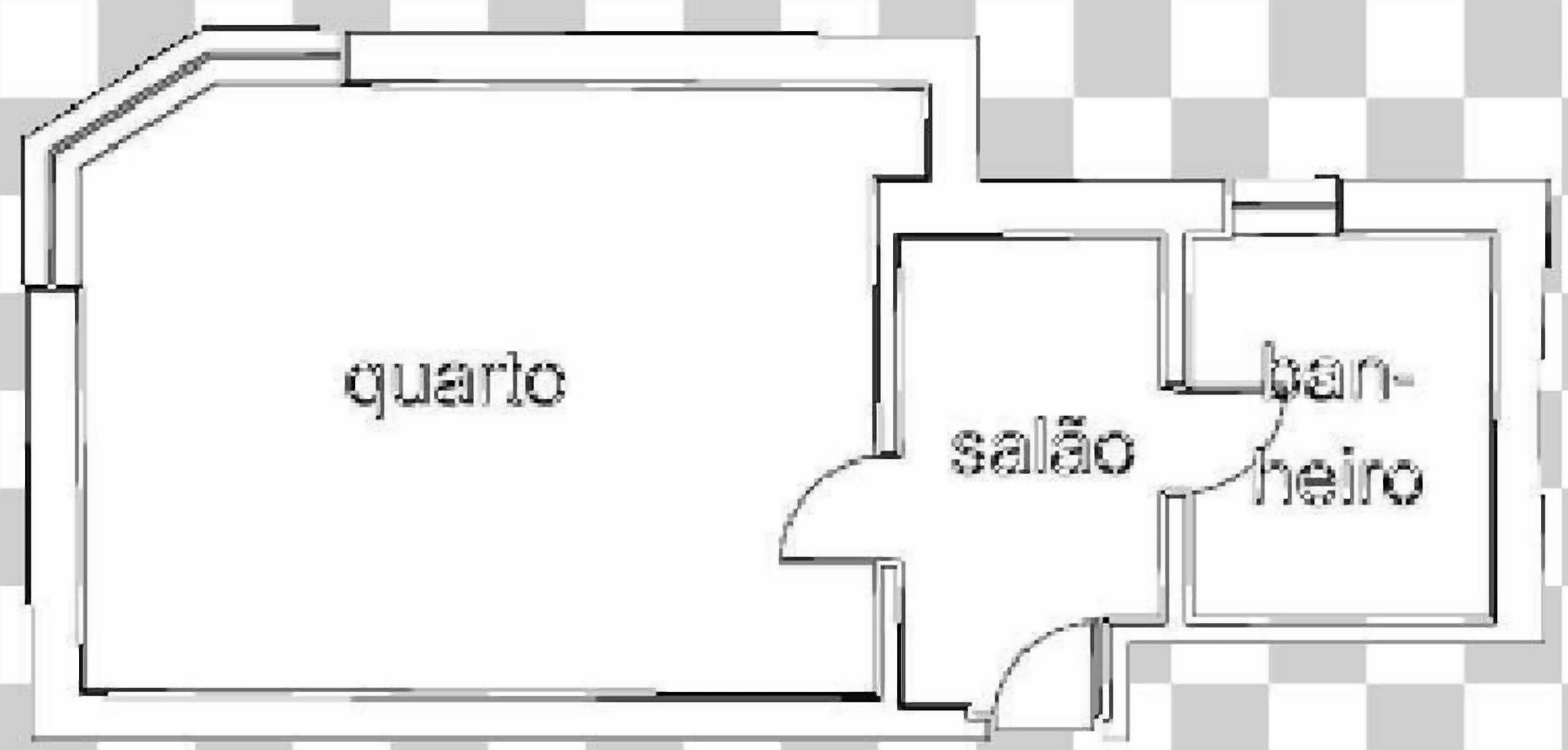 Een plattegrond met een groot centraal gedeelte, aangeduid als 'quarto', en aangrenzende kamers, gelabeld als 'salão' en 'banheiro'.