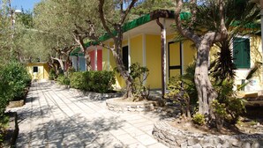A pathway leading to a row of yellow buildings with green awnings, surrounded by trees and stone planters.
