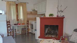 Un salon avec une cheminée, un coin repas et une cuisine.
