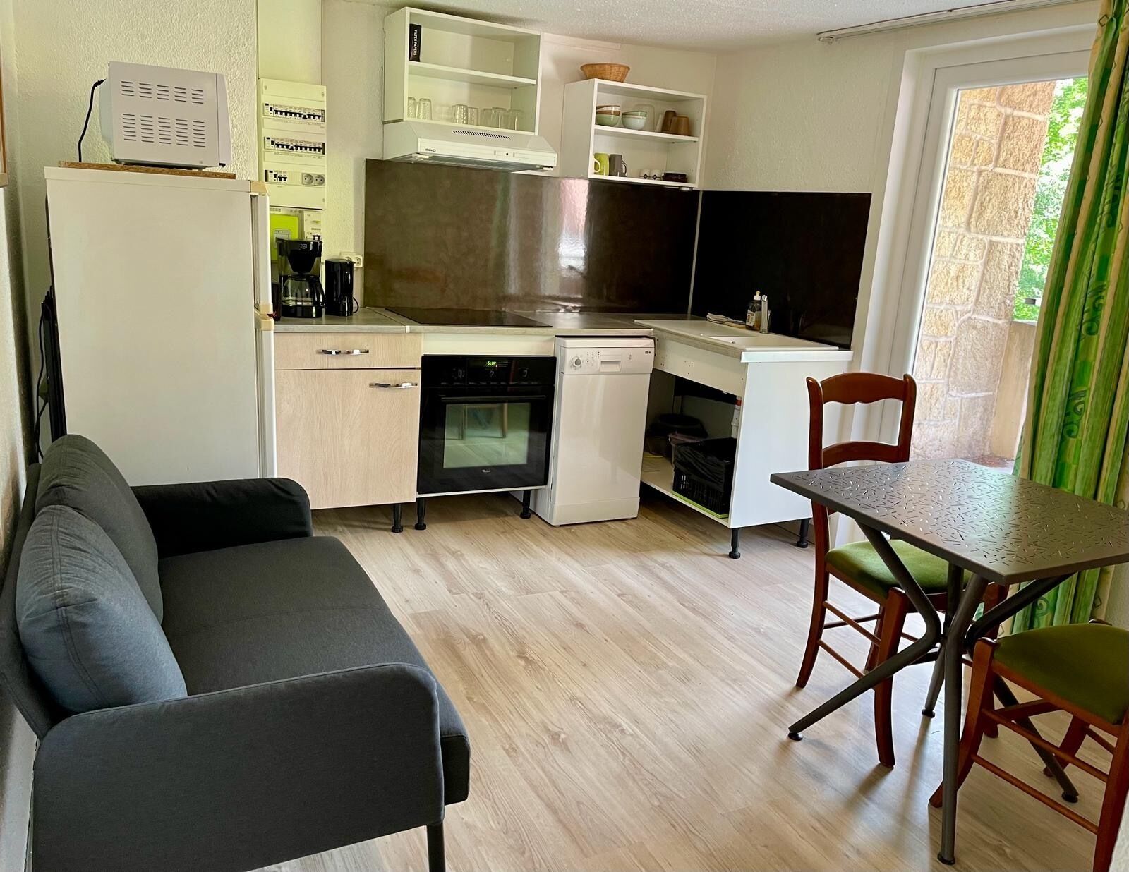 A compact living space with a kitchenette, a sofa, a dining table, and a chair.