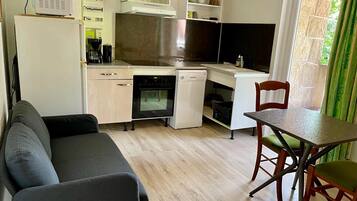 A compact living space with a kitchenette, a sofa, a dining table, and a chair.
