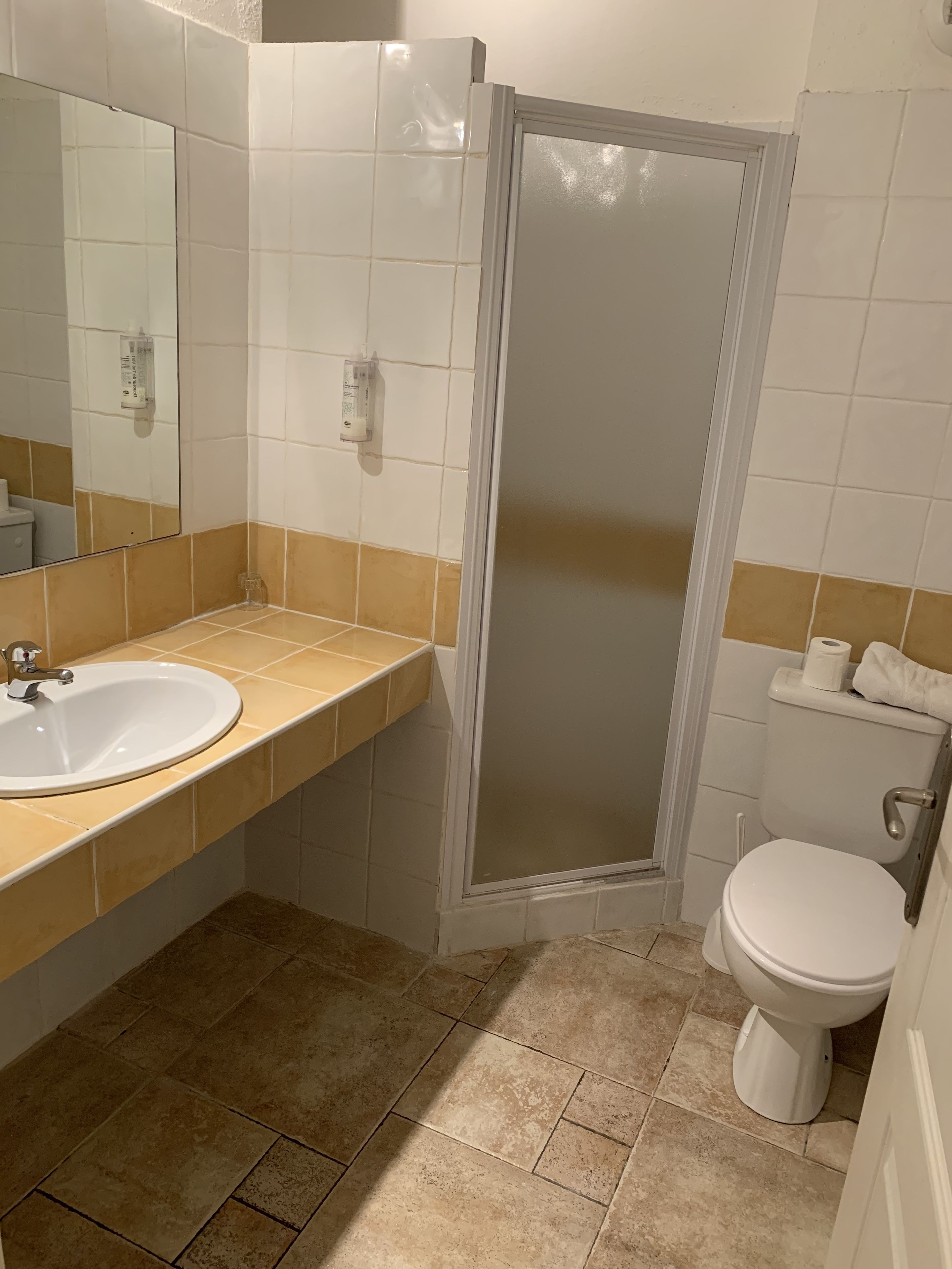 Ein Badezimmer mit Waschbecken, Toilette und Dusche.