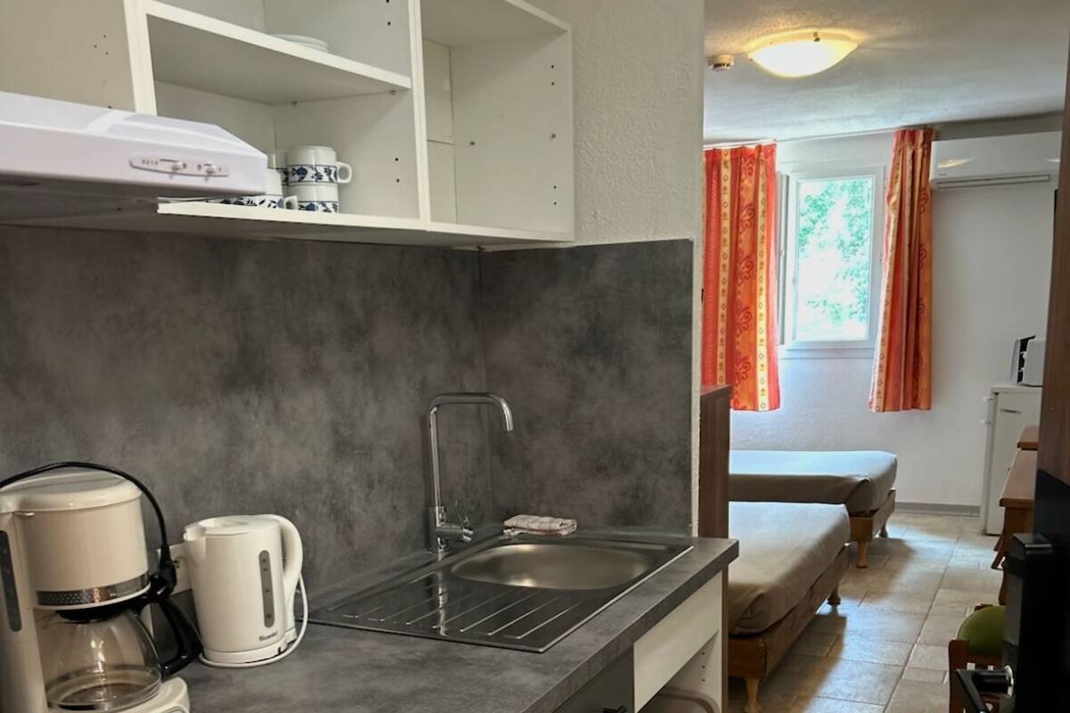 A compact kitchen with a sink, coffee maker, and dishwasher.
