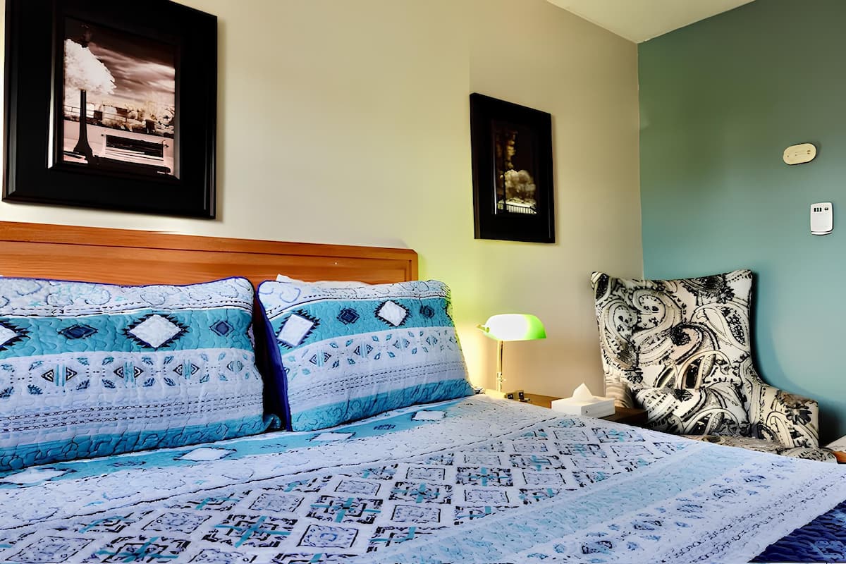 Una cama bien hecha con ropa de cama estampada, una lámpara de noche y dos cuadros en la pared.