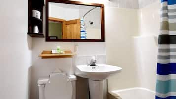 A bathroom with a toilet, sink, and shower.