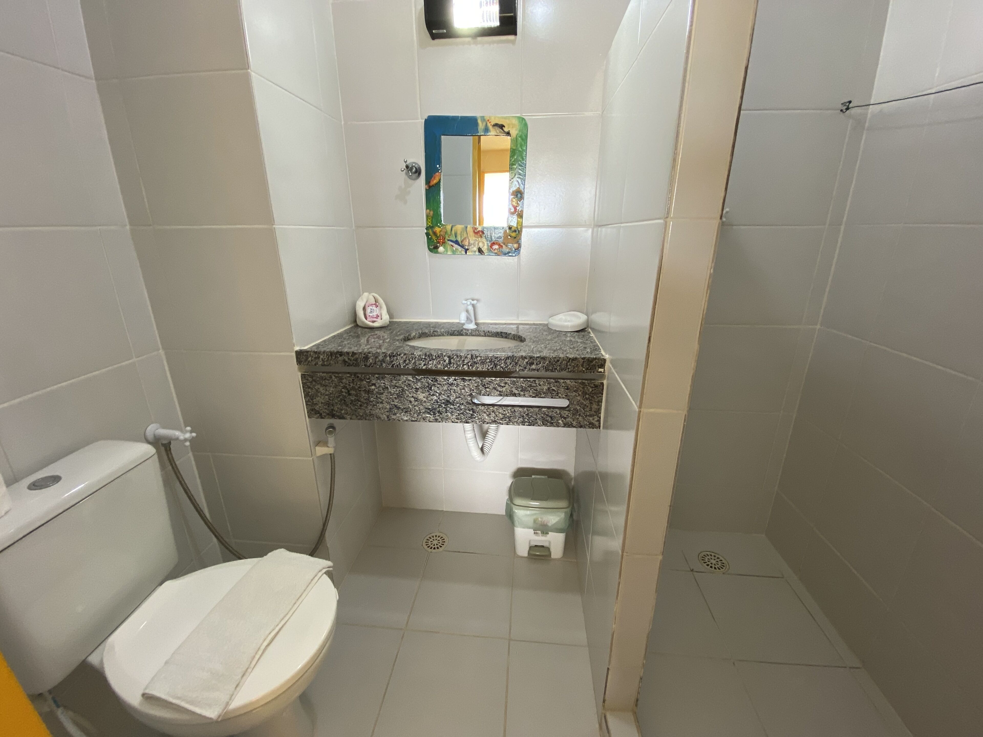 A small bathroom with a toilet, sink, and shower.