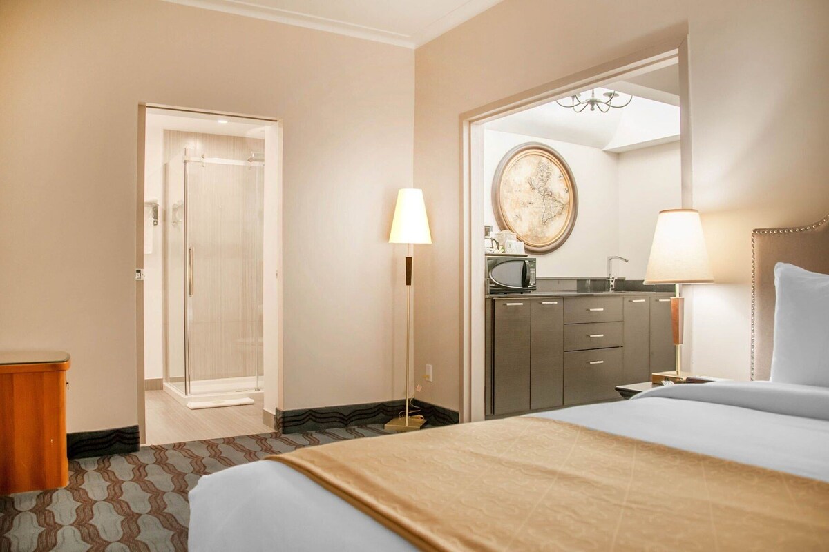 A hotel room with a bed, a desk, a mirror, a sink, and a shower.