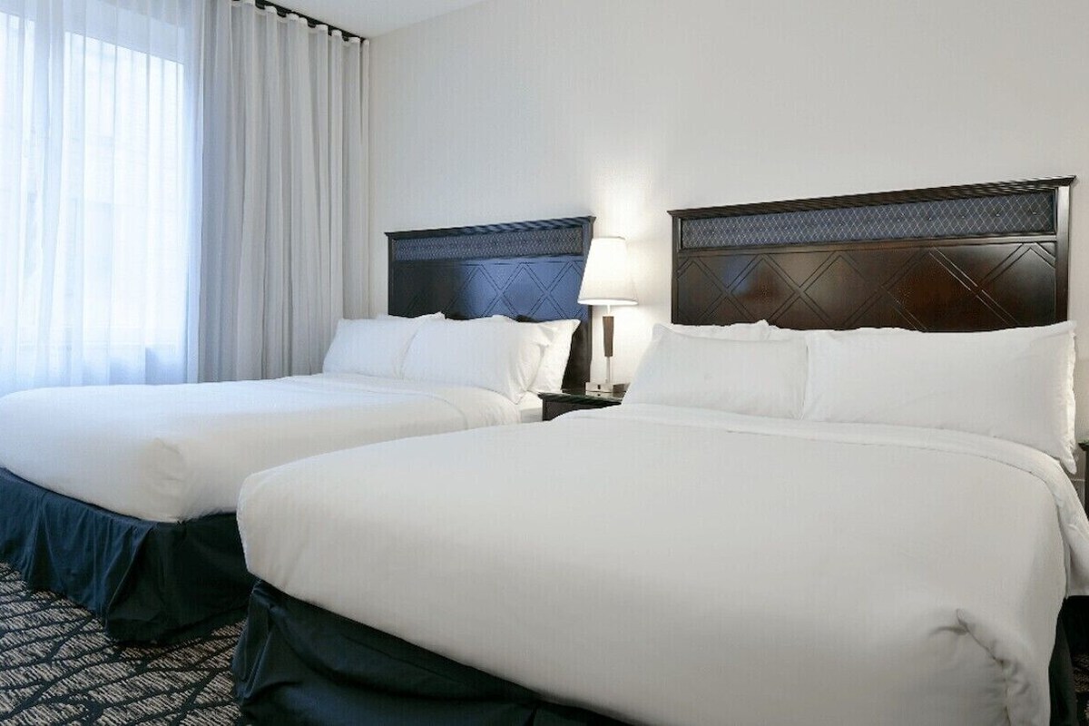 A hotel room with two beds, a large window with sheer curtains, a dark headboard, a bedside table with a lamp, and a patterned carpet.