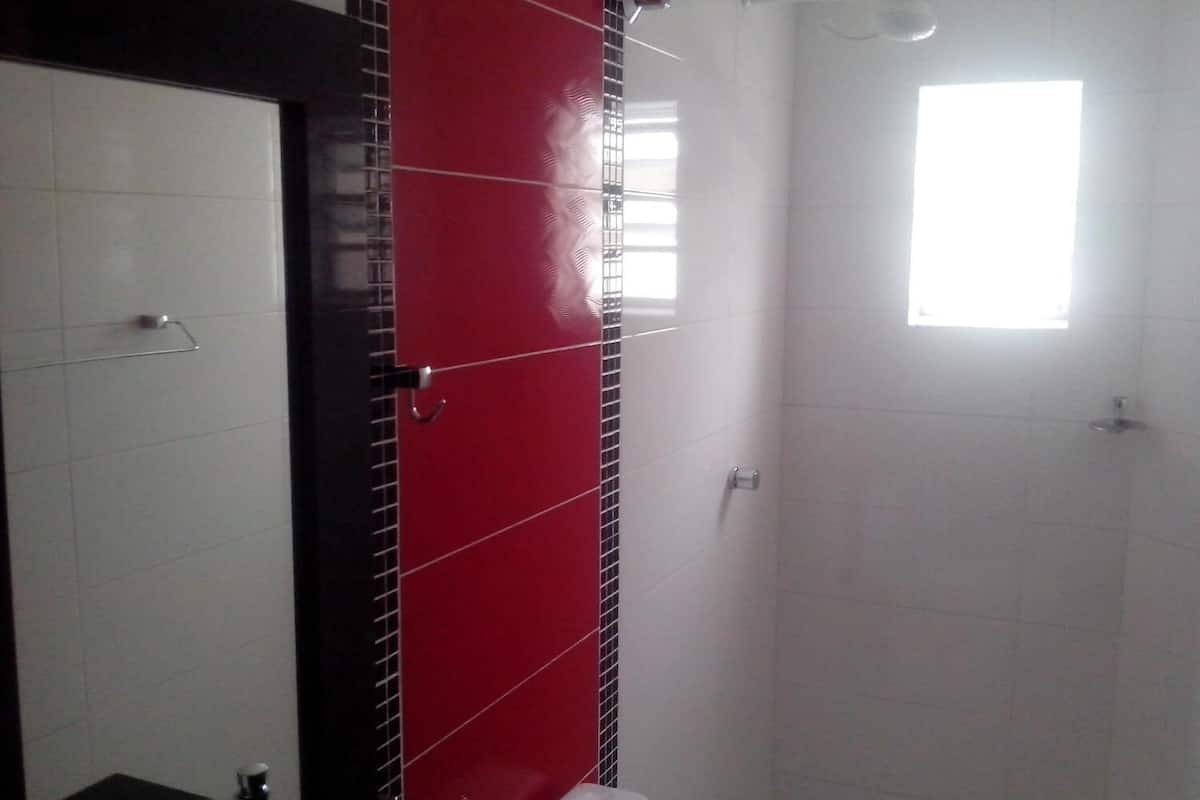 Shower, free toiletries, hair dryer, towels