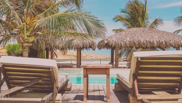 A wooden deck with lounge chairs and a pool, surrounded by palm trees and a clear view of the beach. - Zebra Boutique Hotel (Beberibe)