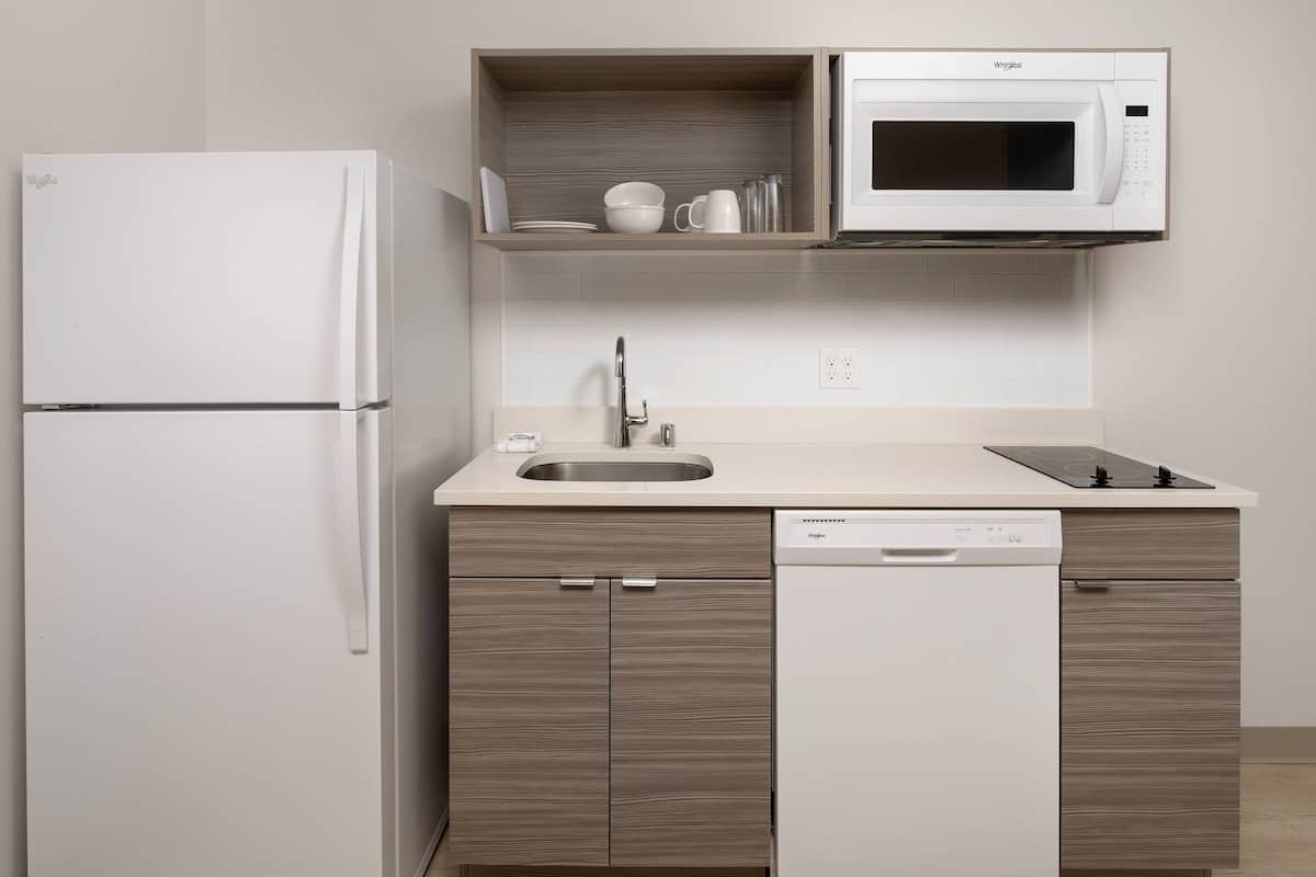 Full-size fridge, microwave, stovetop