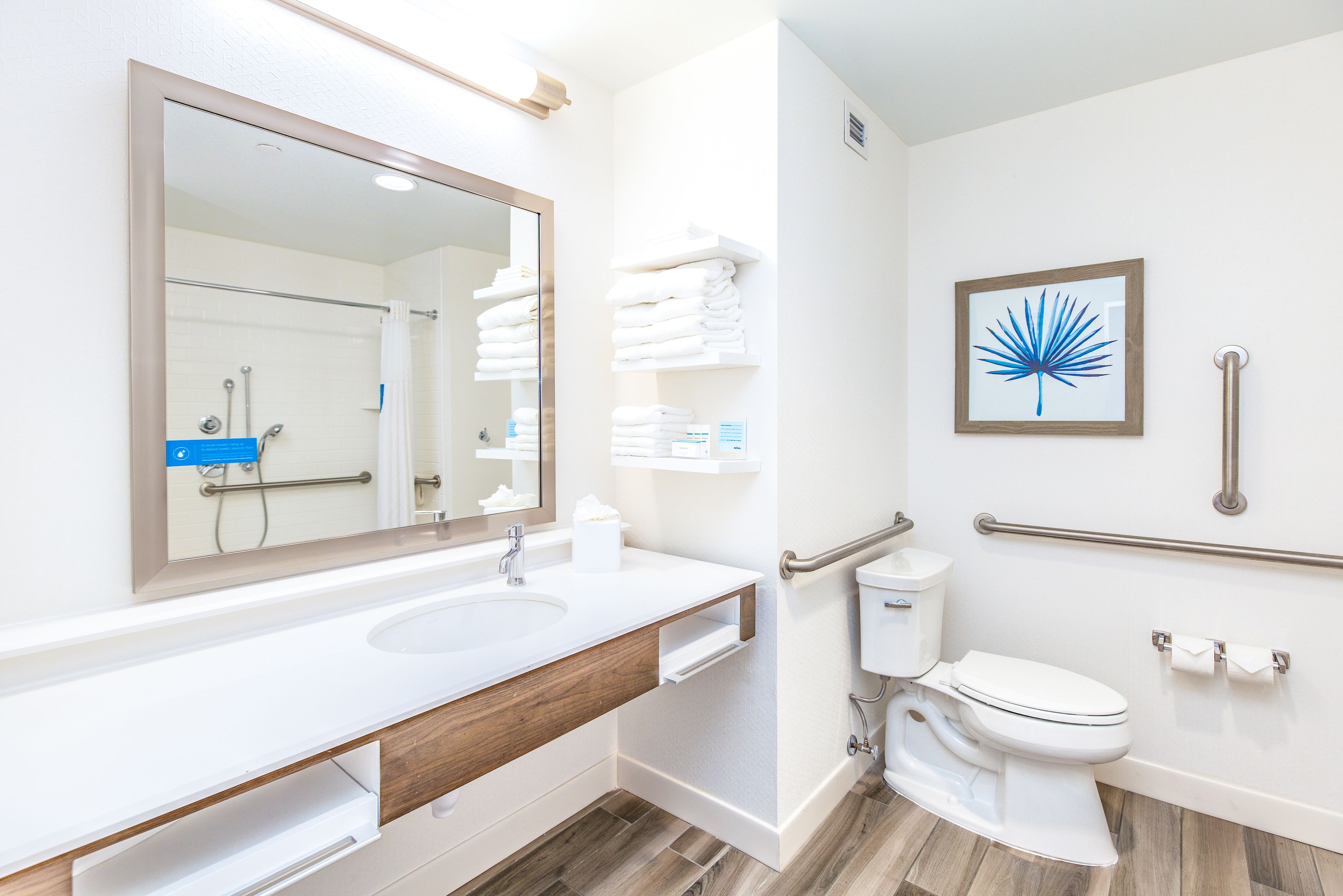 studio, 1 king bed, accessible, non smoking (mob/hearing acc w/ roll-in shower) | bathroom | combined shower/bathtub, eco-friendly toiletries, hair dryer, towels