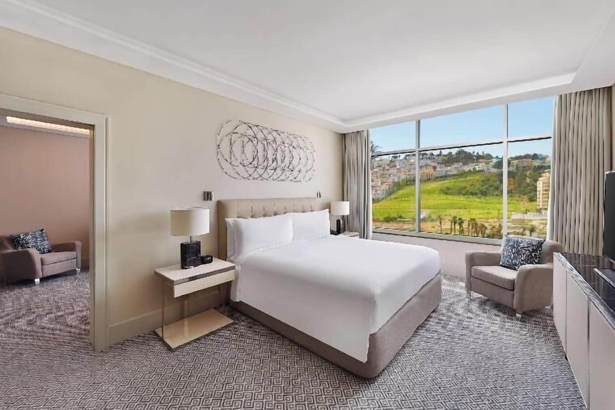 A hotel room with a large bed, a TV, a desk, and a view of a cityscape.