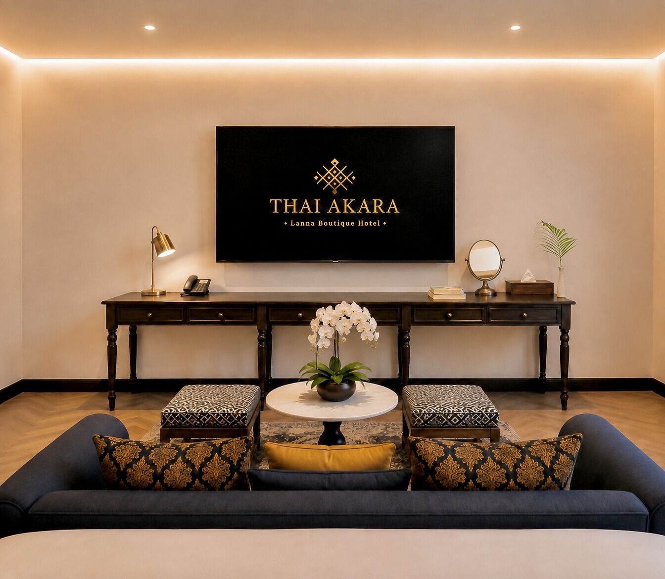 A modern hotel lobby with a sofa, a round table with a vase of flowers, a desk with a telephone, a mirror, and a framed sign.