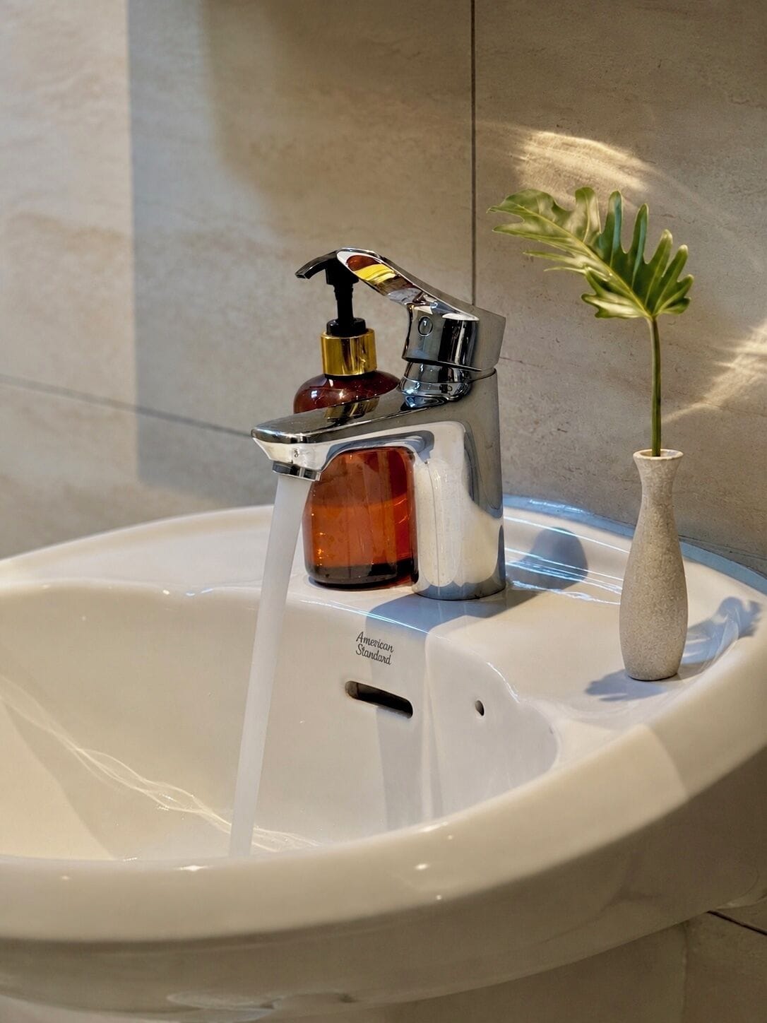Un lavabo de salle de bain avec un robinet chromé, un distributeur de savon et un vase avec une plante.