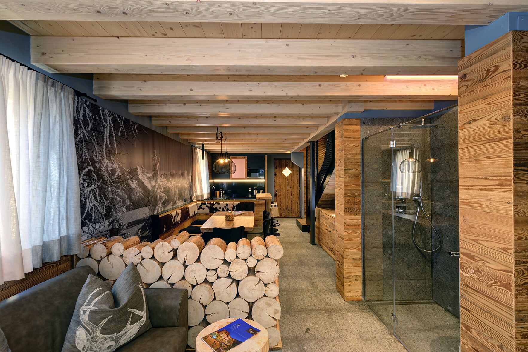 Un intérieur moderne avec un plafond en bois, un mur en pierre, une douche en verre et un coin salon agrémenté de bûches.