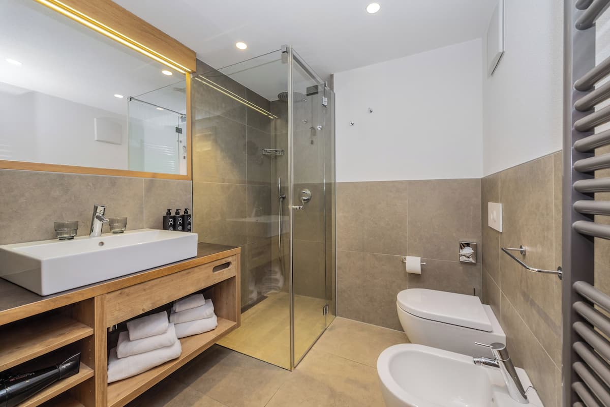 Une salle de bain moderne avec une douche à parois de verre, un grand lavabo et des toilettes.