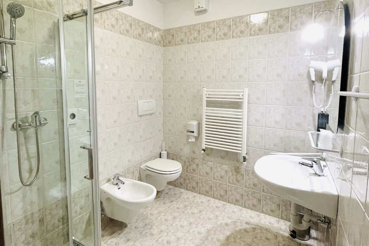 deluxe room, terrace, mountain view | bathroom | shower, hair dryer, bidet, towels
