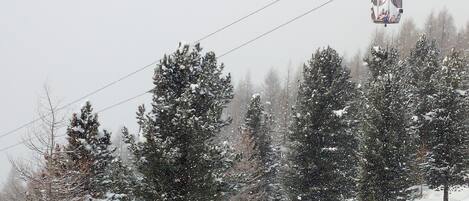 A ski lift with cabins suspended by cables, surrounded by snow-covered trees.