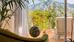 A room with a view of mountains through a glass door, a potted plant, and a chair.