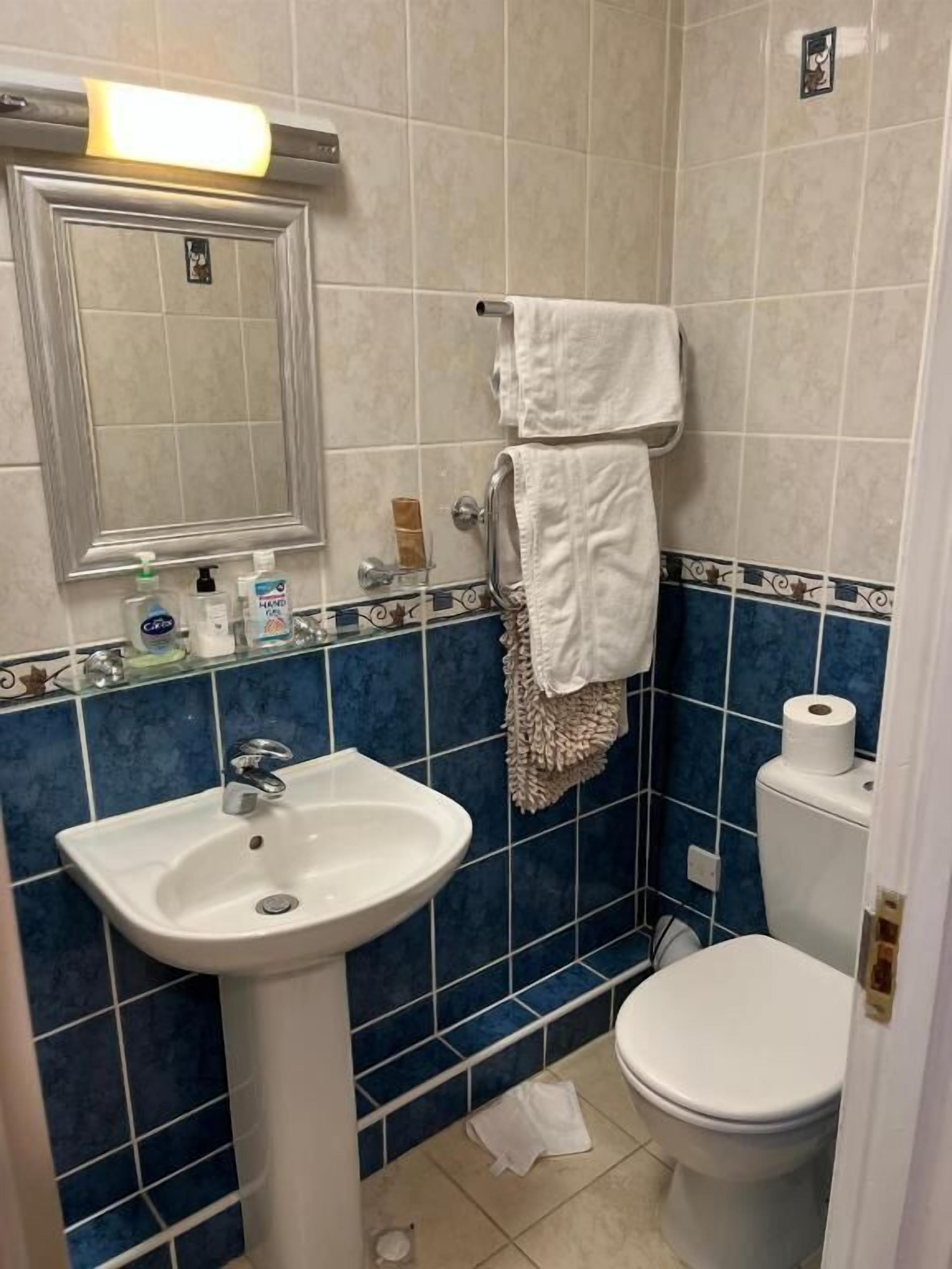 A bathroom with a sink, mirror, toilet, and blue-tiled walls.