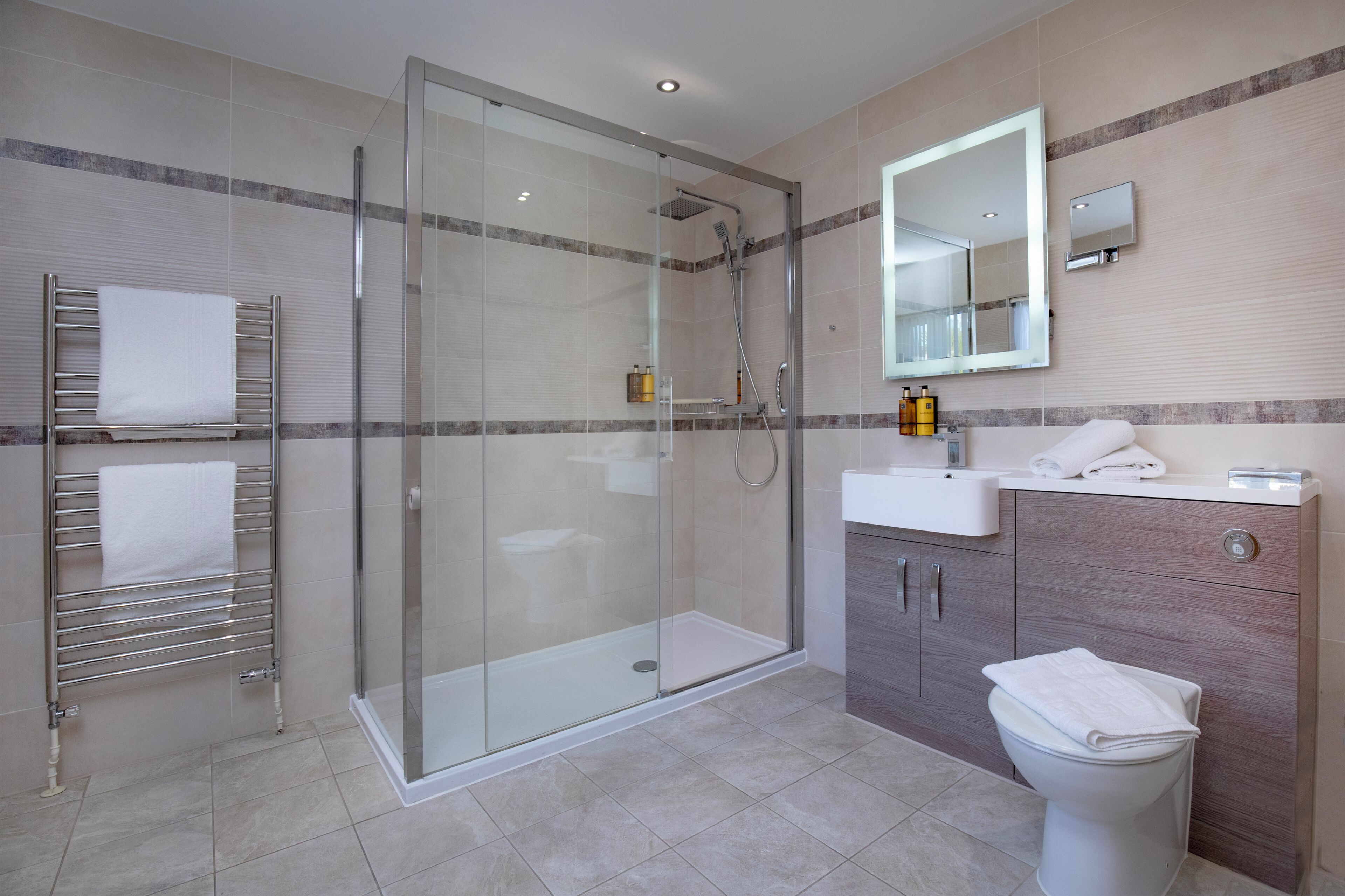 A modern bathroom with a glass-enclosed shower, a white toilet, and a vanity with a mirror.
