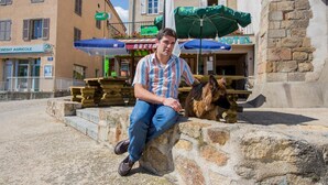 A man sitting on stone steps with a dog. - Hôtel Restaurant de l'Abbaye (Sauxillanges)