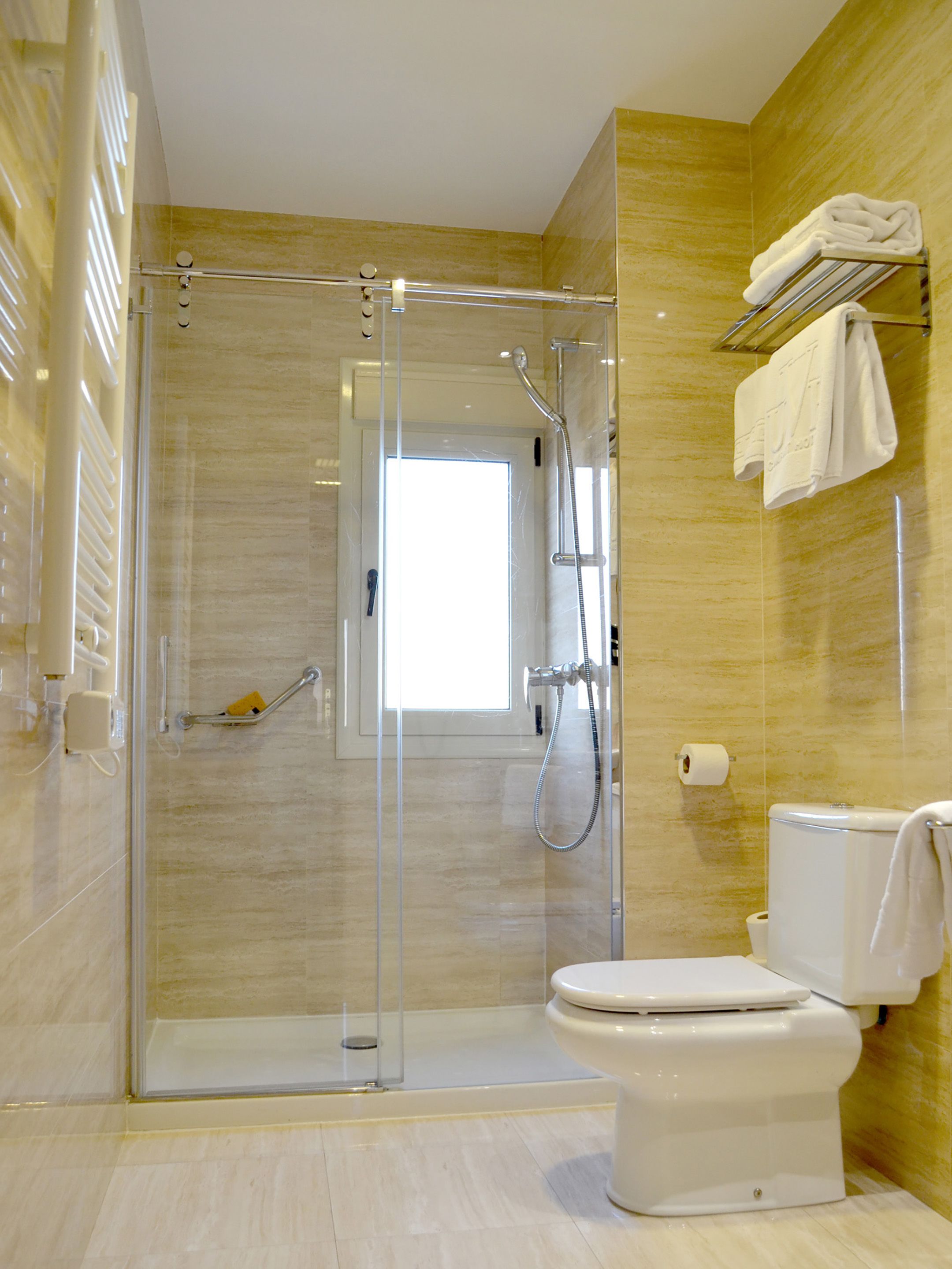 A modern bathroom with a glass-enclosed shower, a toilet, and a towel rack.