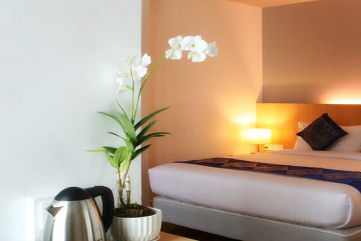 Una habitación de hotel con una cama, una mesita de noche con hervidor, una planta en maceta y una lámpara.