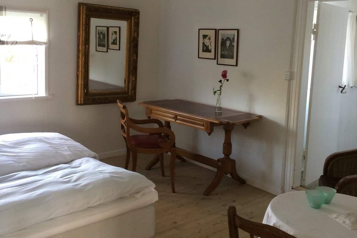 A room with a bed, a desk, a chair, a table, and a mirror.