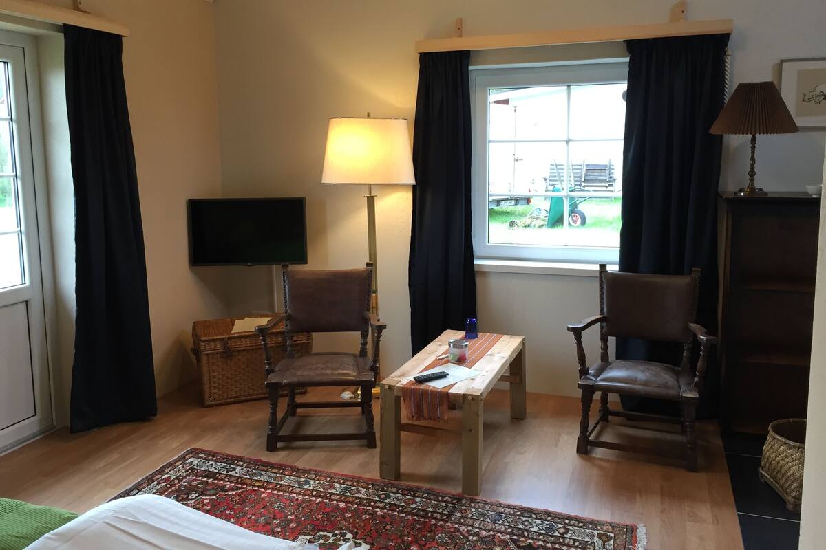 Ein Zimmer mit einem Bett, zwei Stühlen, einem Tisch, einer Lampe, einem Fernseher und einem Fenster mit Vorhängen, mit Blick nach draußen.