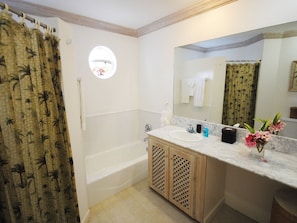 A bathroom with a bathtub, a sink, a mirror, and a shower curtain.