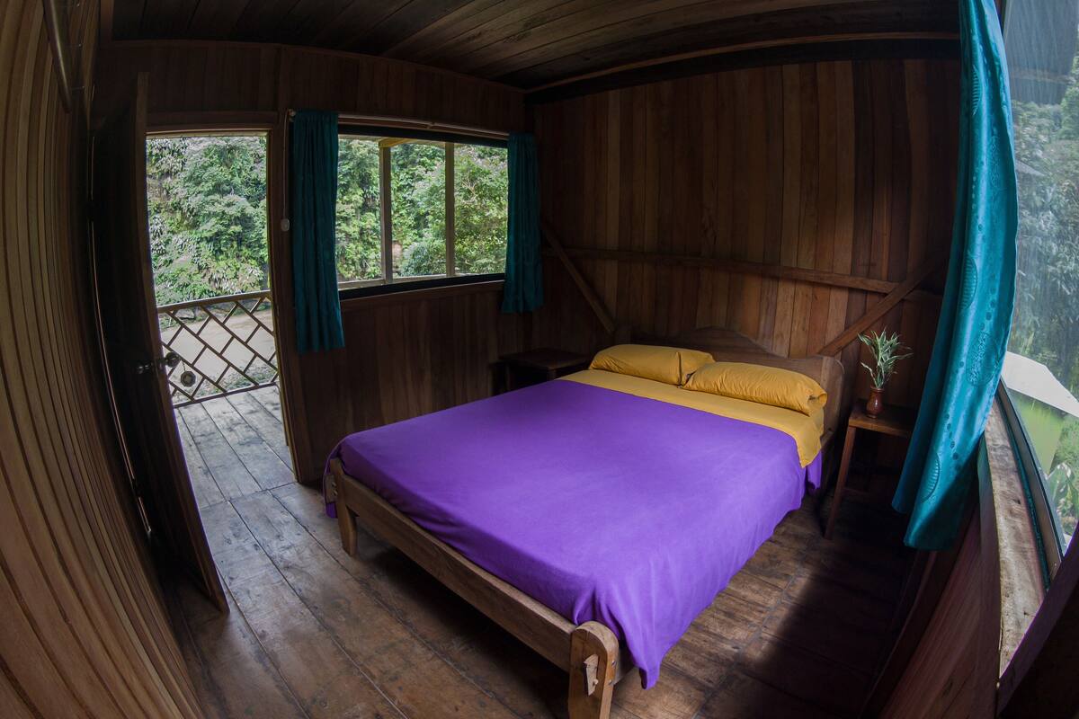 A wooden room with a bed, a window, and a view of greenery outside.