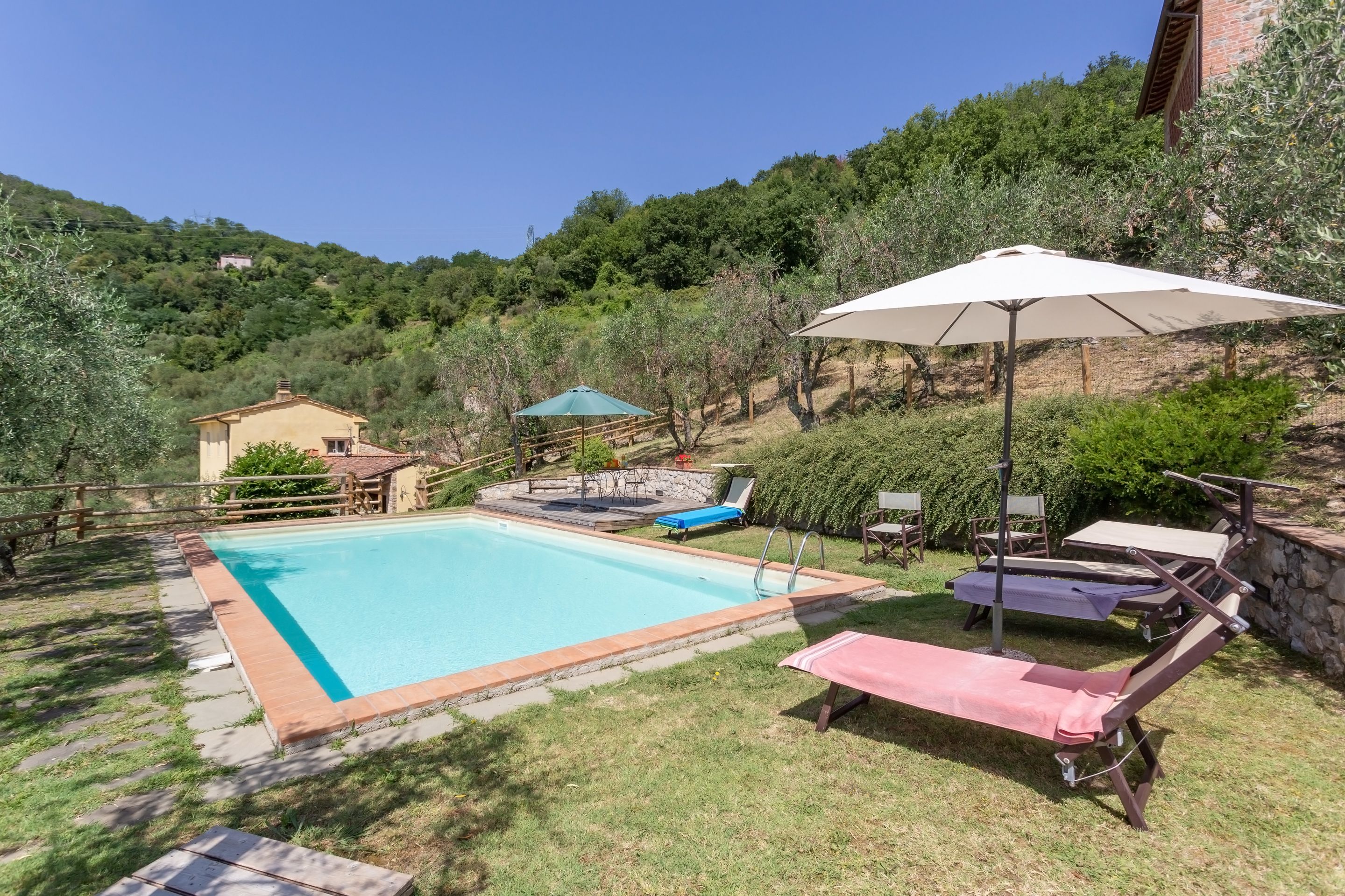 A swimming pool with lounge chairs and umbrellas, surrounded by a grassy area and trees.