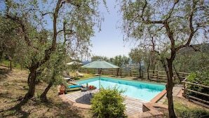 Ein von Bäumen umgebener Pool mit einer Holzterrasse und Gartenmöbeln.