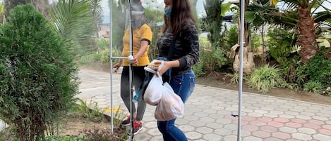 Una persona caminando por un jardín con diversas plantas y una estructura metálica.