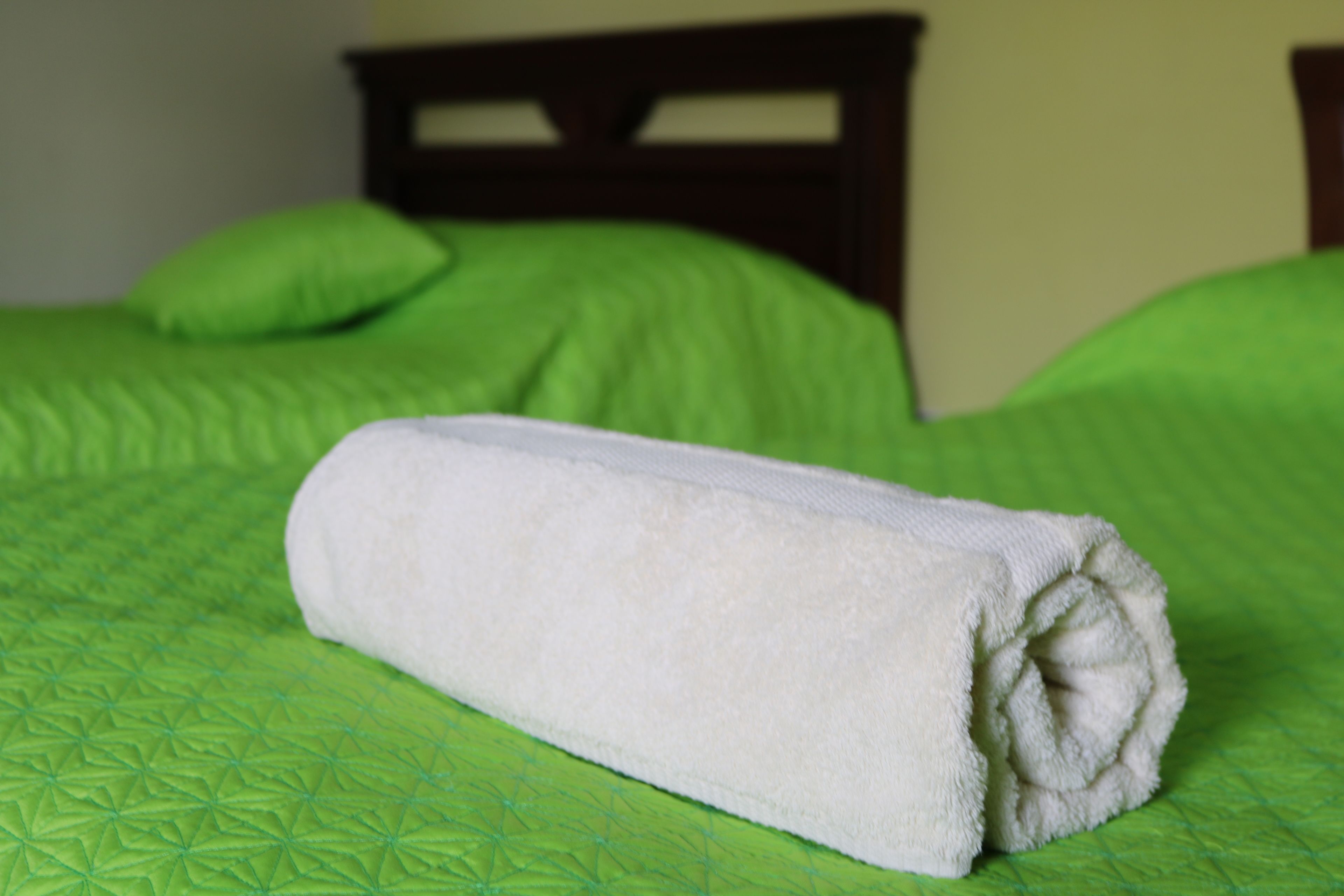 Une serviette blanche, soigneusement pliée, est posée sur un couvre-lit vert dans une chambre d’hôtel.