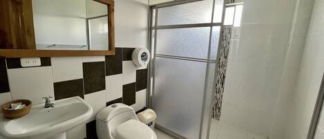 A bathroom with a white sink, a toilet, and a glass shower enclosure.