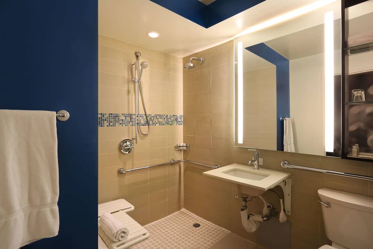 Shower, designer toiletries, hair dryer, towels