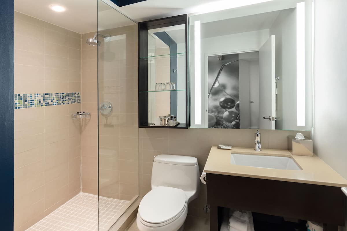 Shower, designer toiletries, hair dryer, towels