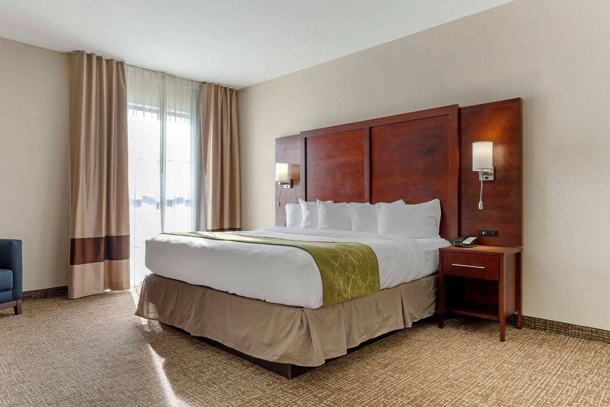 A hotel room with a large bed, a bedside table with a lamp, and a view of the city through the window.